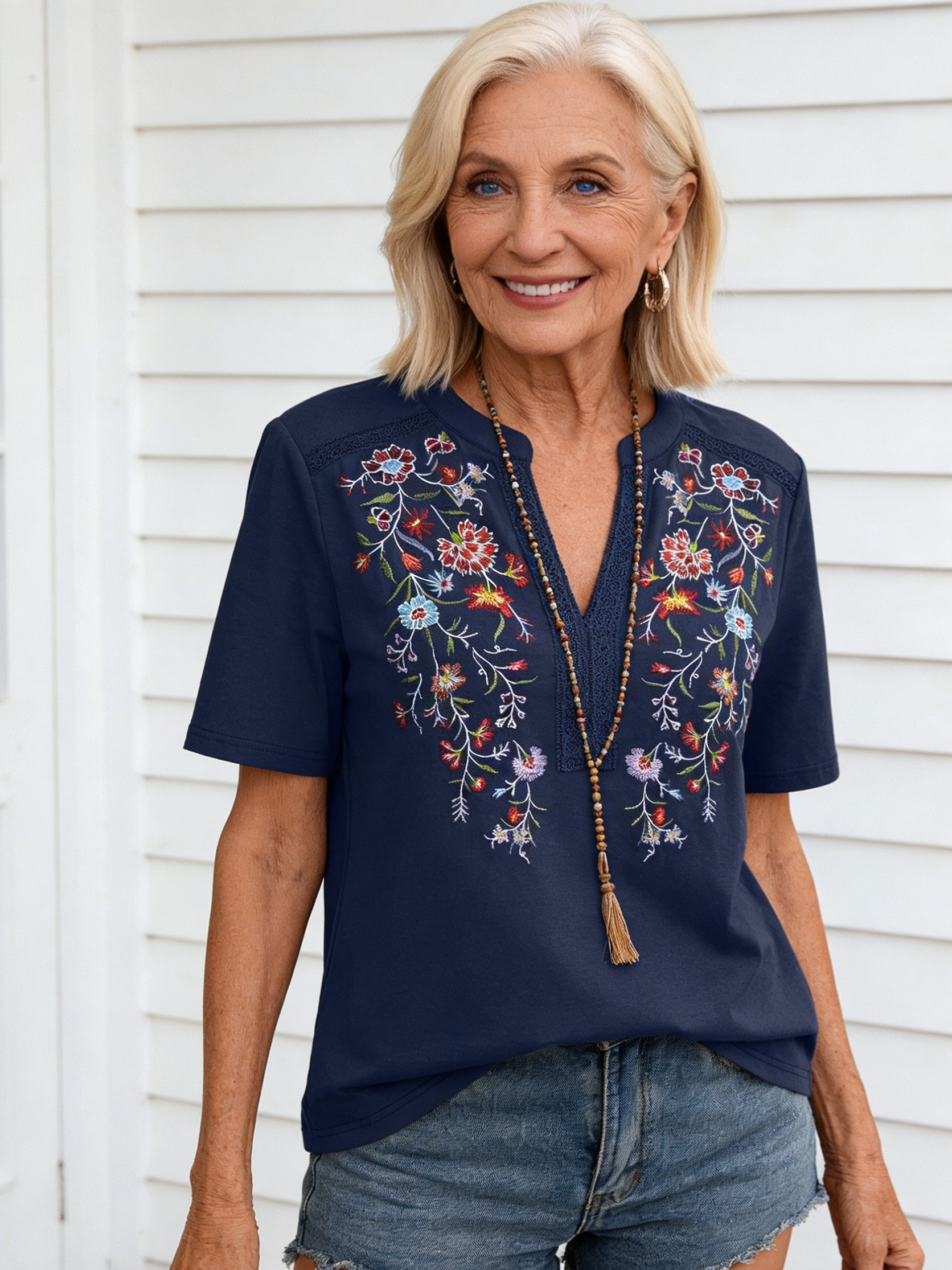 Embroidery Fashion 10,000 Needles Embroidery Splicing Lace Lace Top Women's T