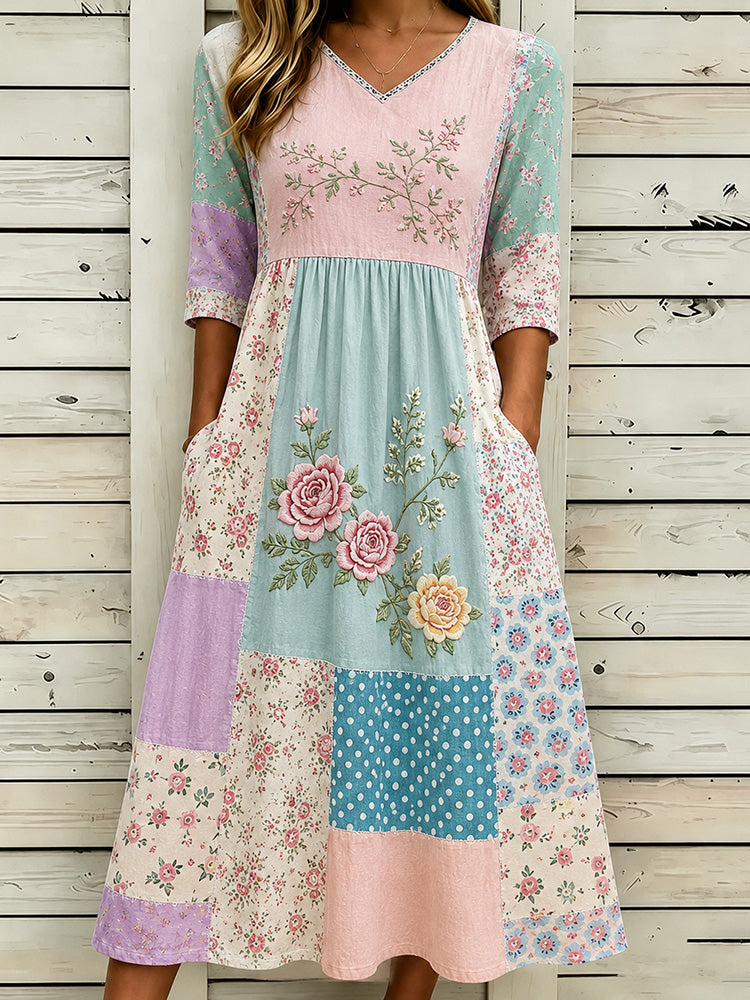 Women's Vintage Flower Embroidery Patchwork Art Cotton Linen Casual Dress