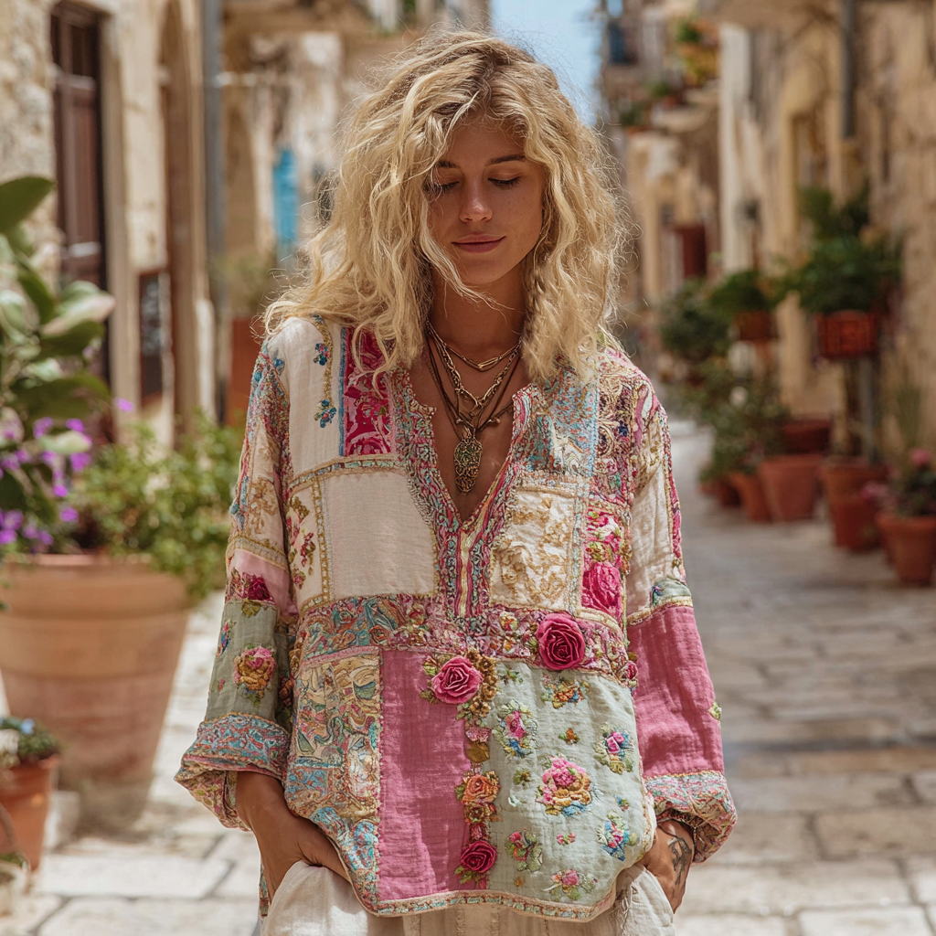 Women's Vintage Bohemian Floral And Rose Patchwork Linen V Neck Shirt