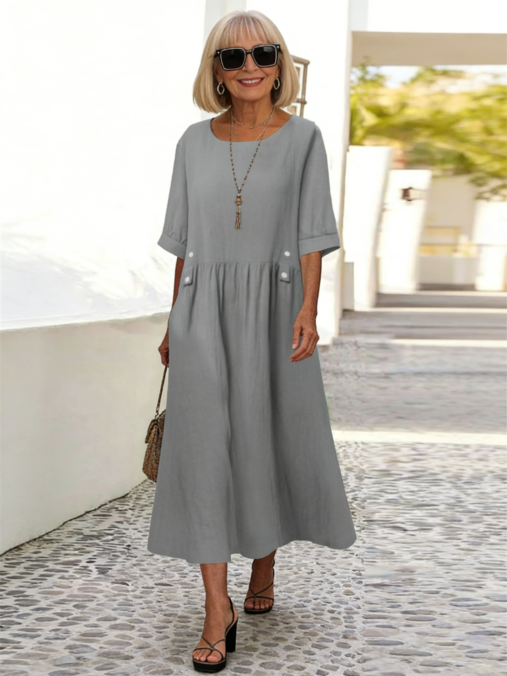 Short Sleeve Cotton Linen round-Neck Loose Mid-Length plus Size Dress