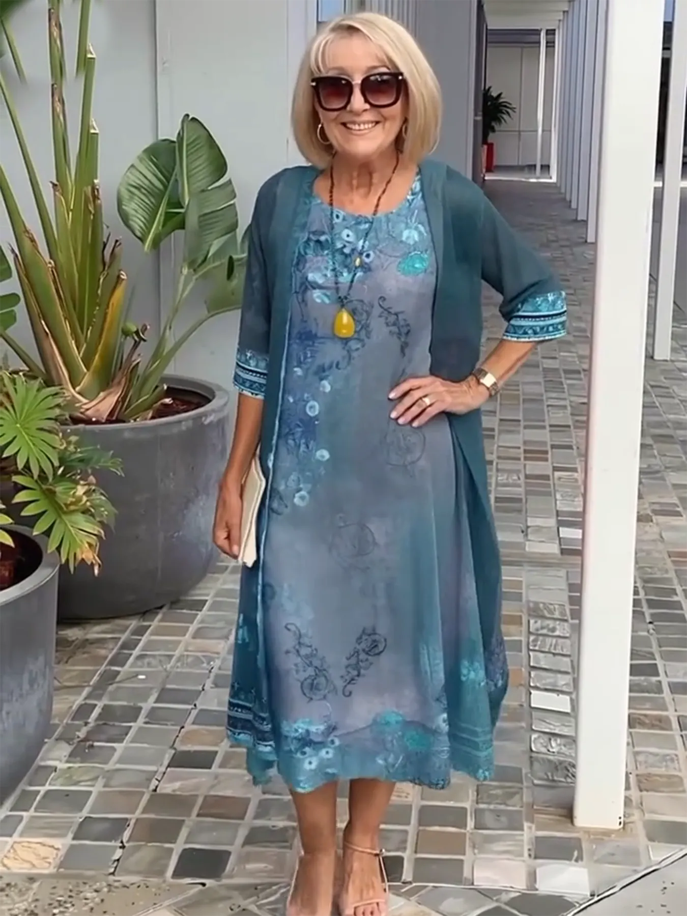 3/4 Sleeve Printing Coat & Dress Two-Piece Suit