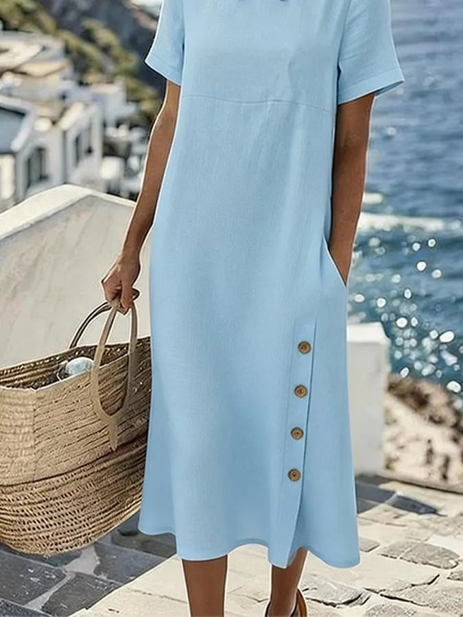 Women's Casual Collared Solid Color Short-Sleeved Loose Dress