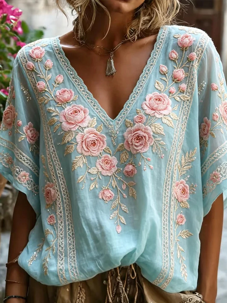 Vintage Pink Rose And Lace Washed V-neck Short Sleeve Top