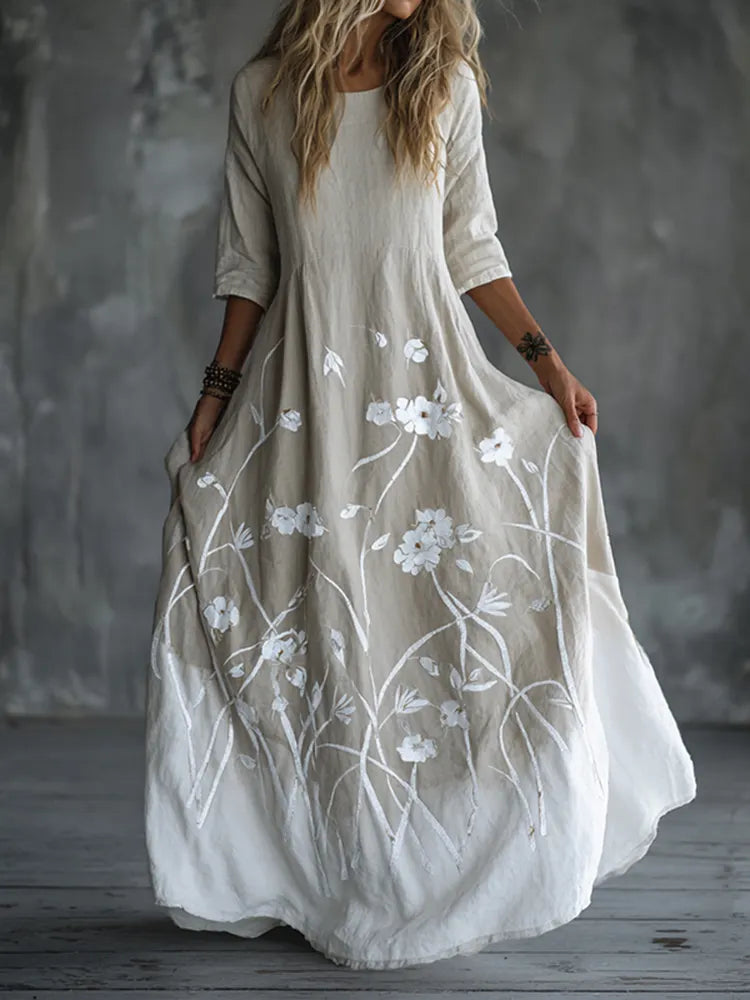 Women's Retro Floral Art Linen Blend Long-sleeved Dress