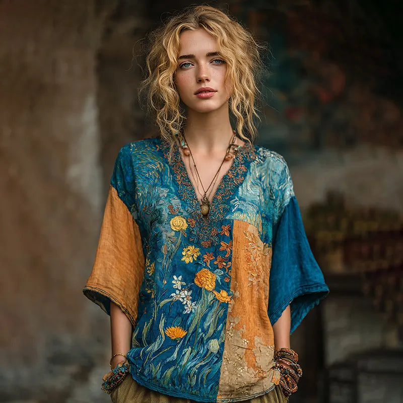 Starry Sky And Sunflower Iris Patchwork Oil Painting V-neck T-shirt