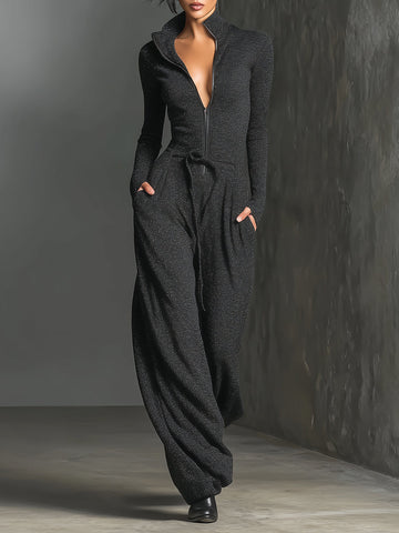 Women's Elegant Knit Sparkling Zipper Front Jumpsuit MDA2560G5I