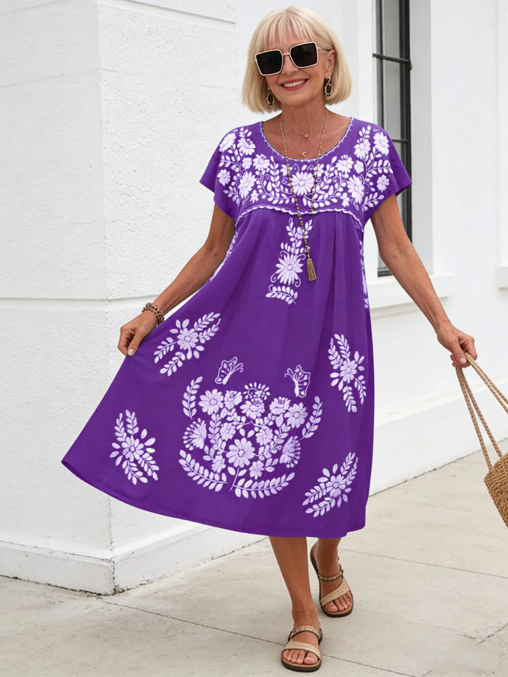 Ethnic Style Round Neck Shoulder Short Sleeve Dress Women's Clothing