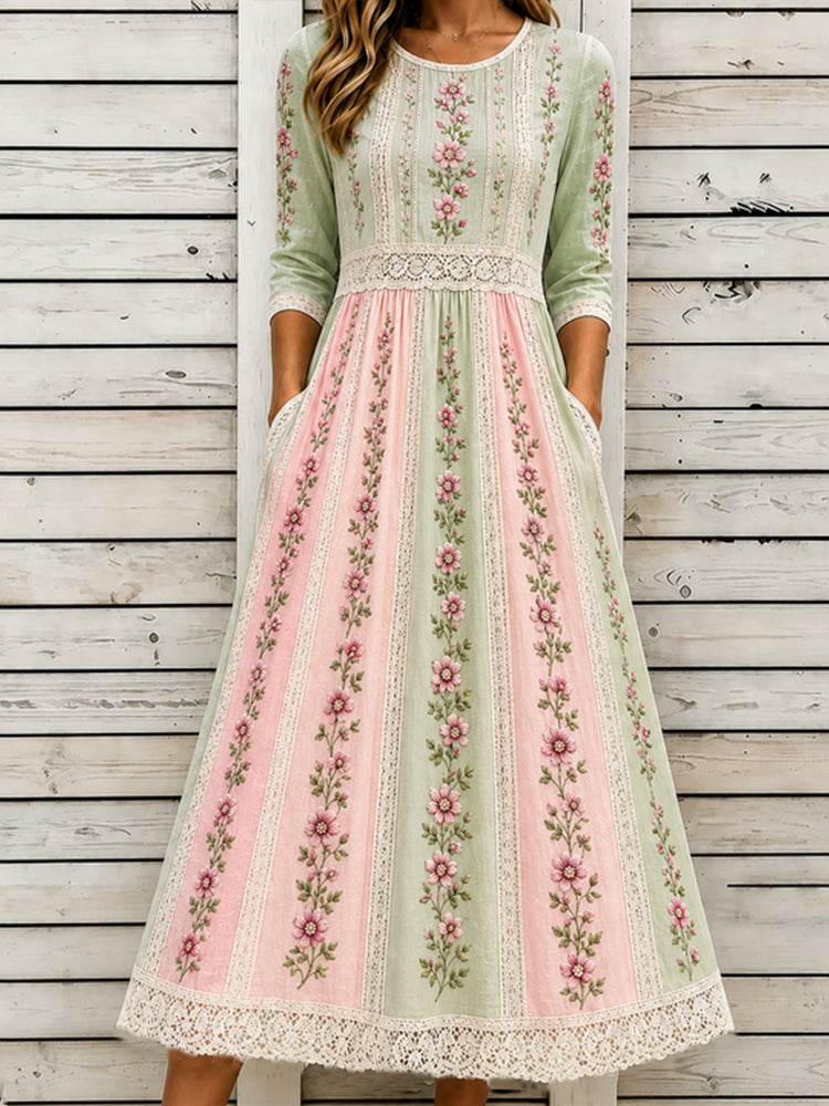 Women's Pink Floral And Lace Art Striped Comfortable Linen Blend Casual Dress