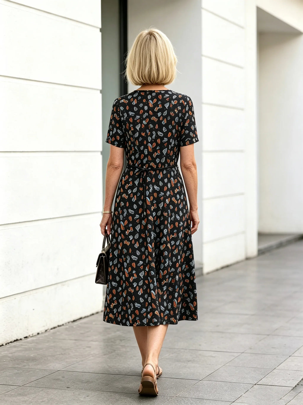 Orange Floral V-Neck Midi Dress, Short Sleeve Elastic Waist Slimming Temperament Long Dress for Mature Women