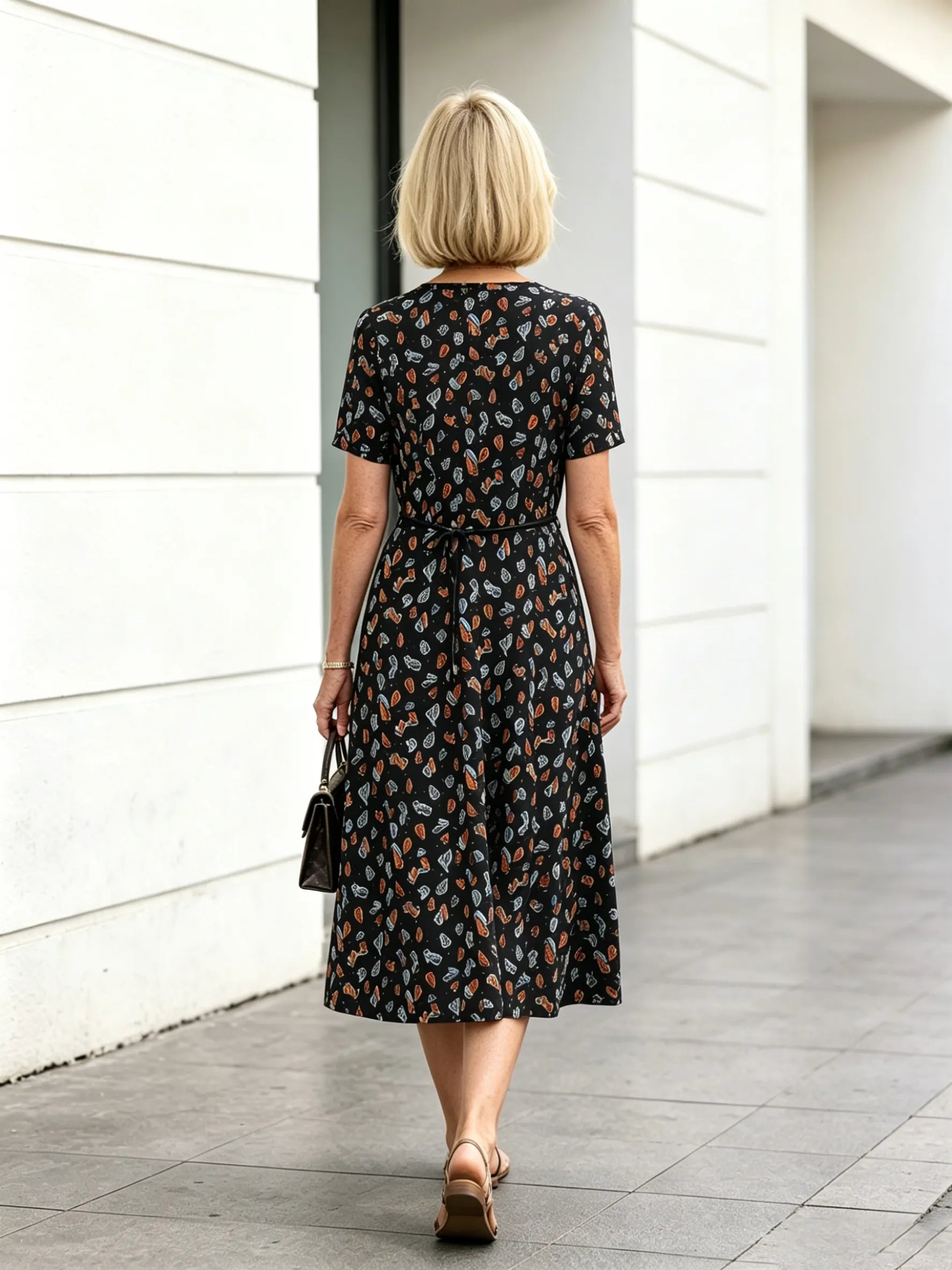 Orange Floral V-Neck Midi Dress, Short Sleeve Elastic Waist Slimming Temperament Long Dress for Mature Women