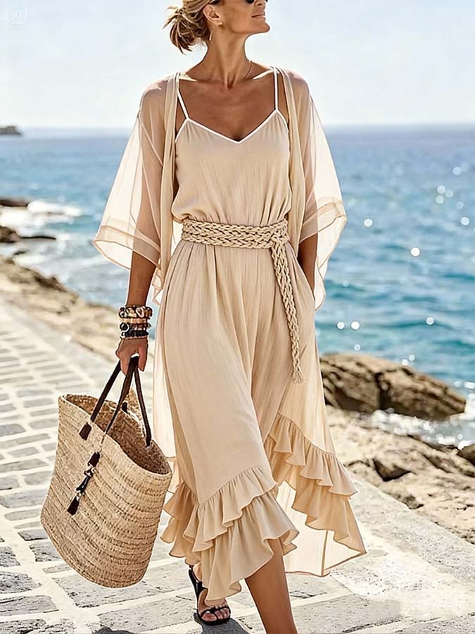 Women'S Casual Shawl And Dress Two-Piece Set