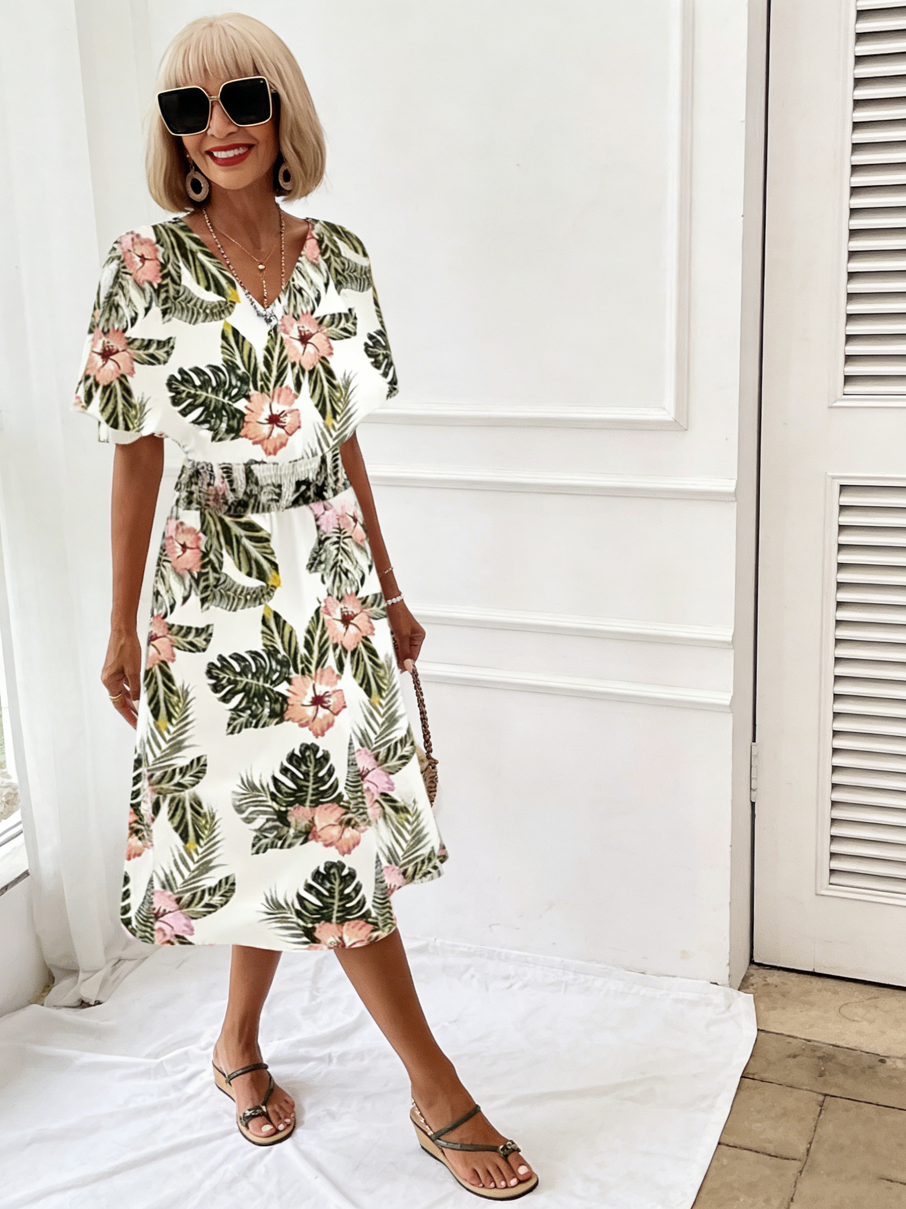 Seaside Vacation Dress Plant Flower Print Dress