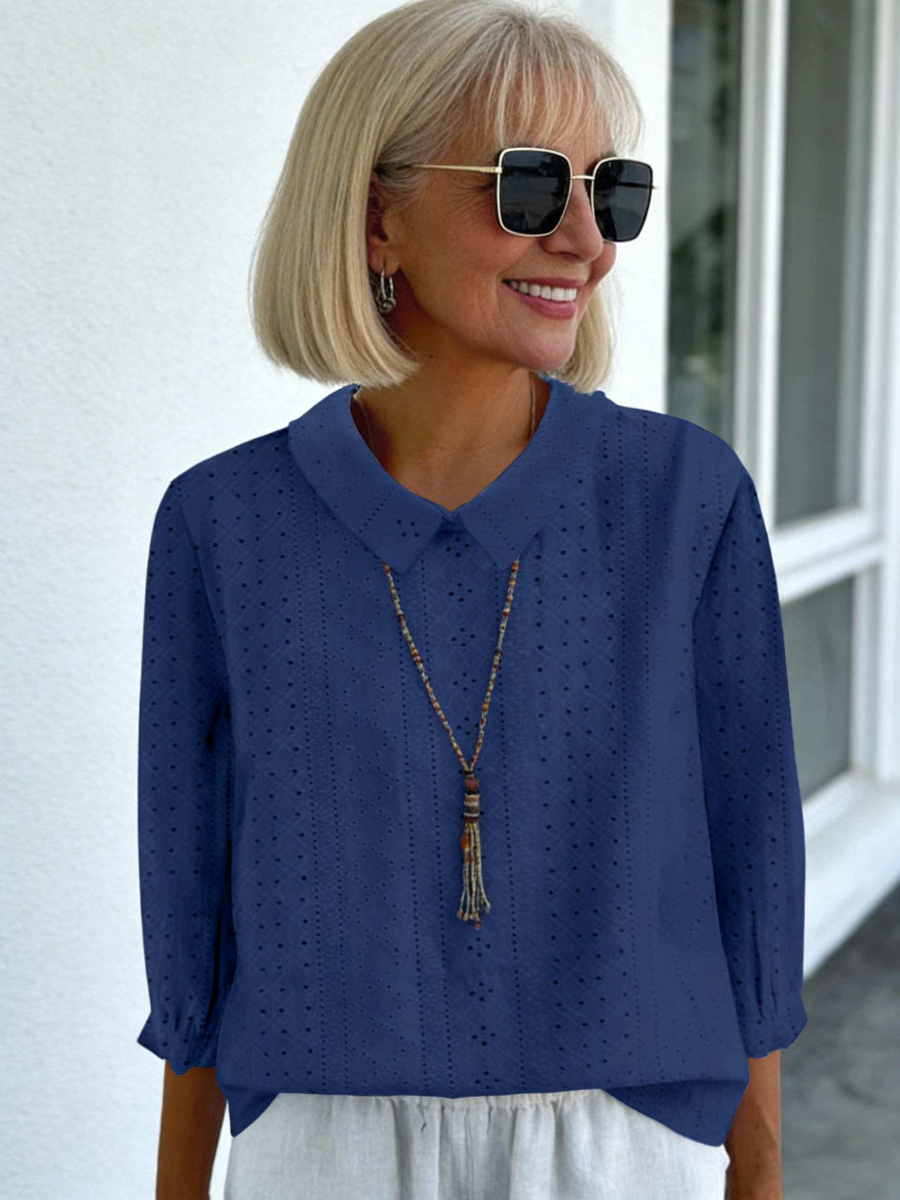 Lapel Solid Color Loose Seven-quarter Sleeve Top Women