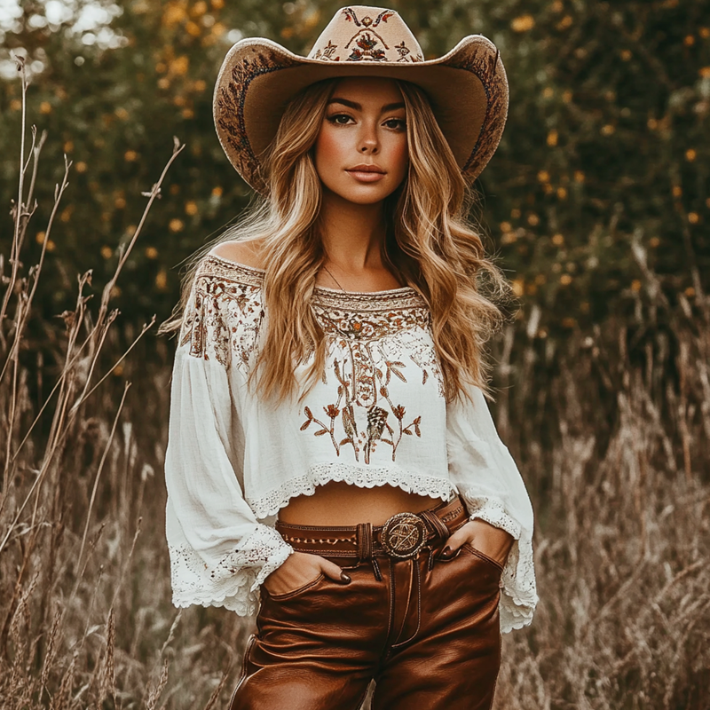 Women's Boat Neck West Cowboy Bohemian Elegance Ethnic Patterns Lace Crop Top