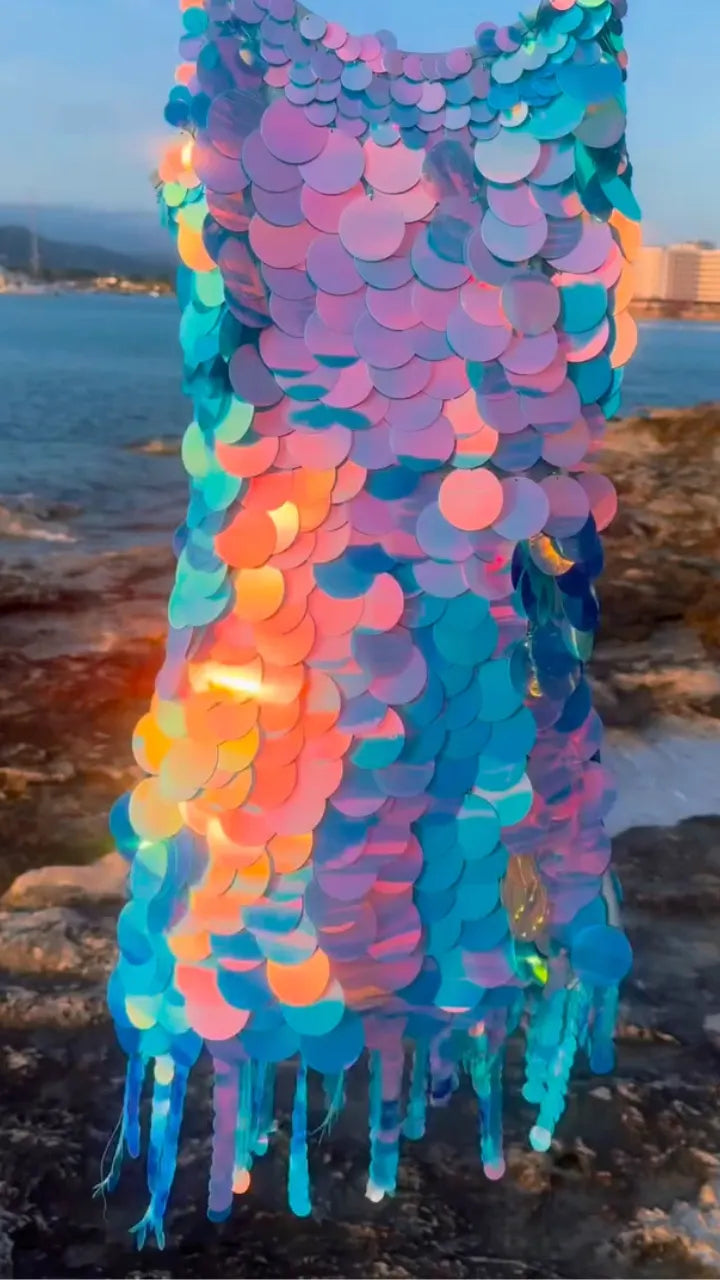 Iridescent Large Sequin Tassel Mini Dress