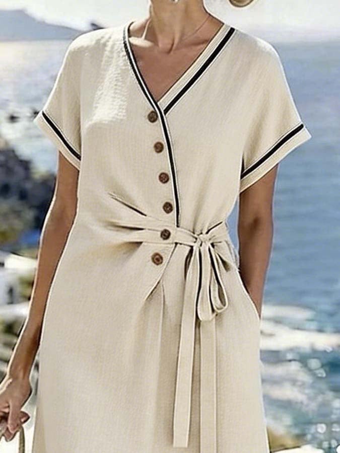 Women'S Casual V-Neck Pleated Tie-Waist Dress