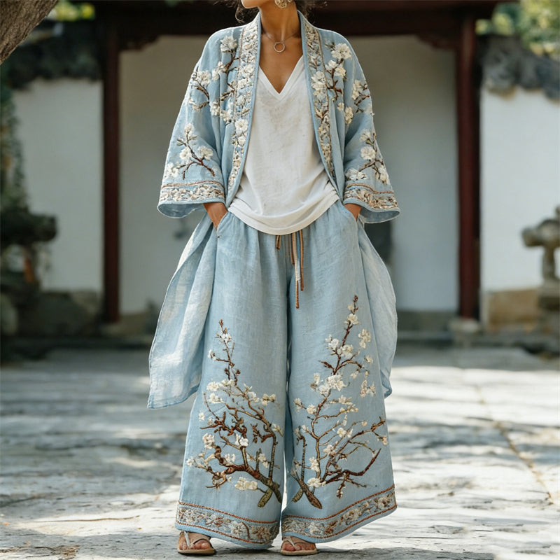 Almond Blossom Japanese Art Long Kimono & Pants Linen Set