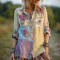 Boho Roses Floral Embroidered Colorblock Lace Stitched Linen Blouse