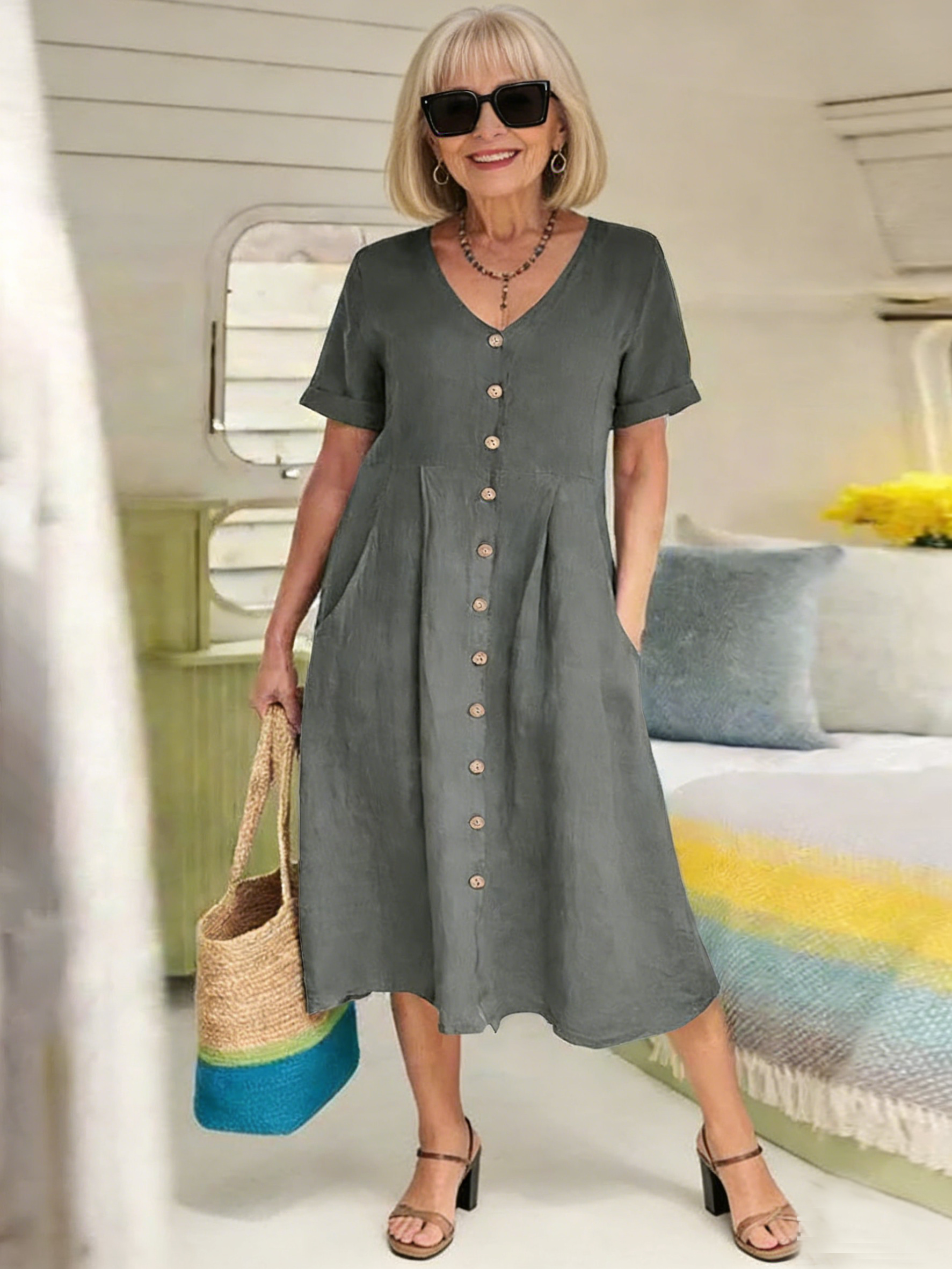 Solid Color Loose High Waist Cotton and Linen Dress