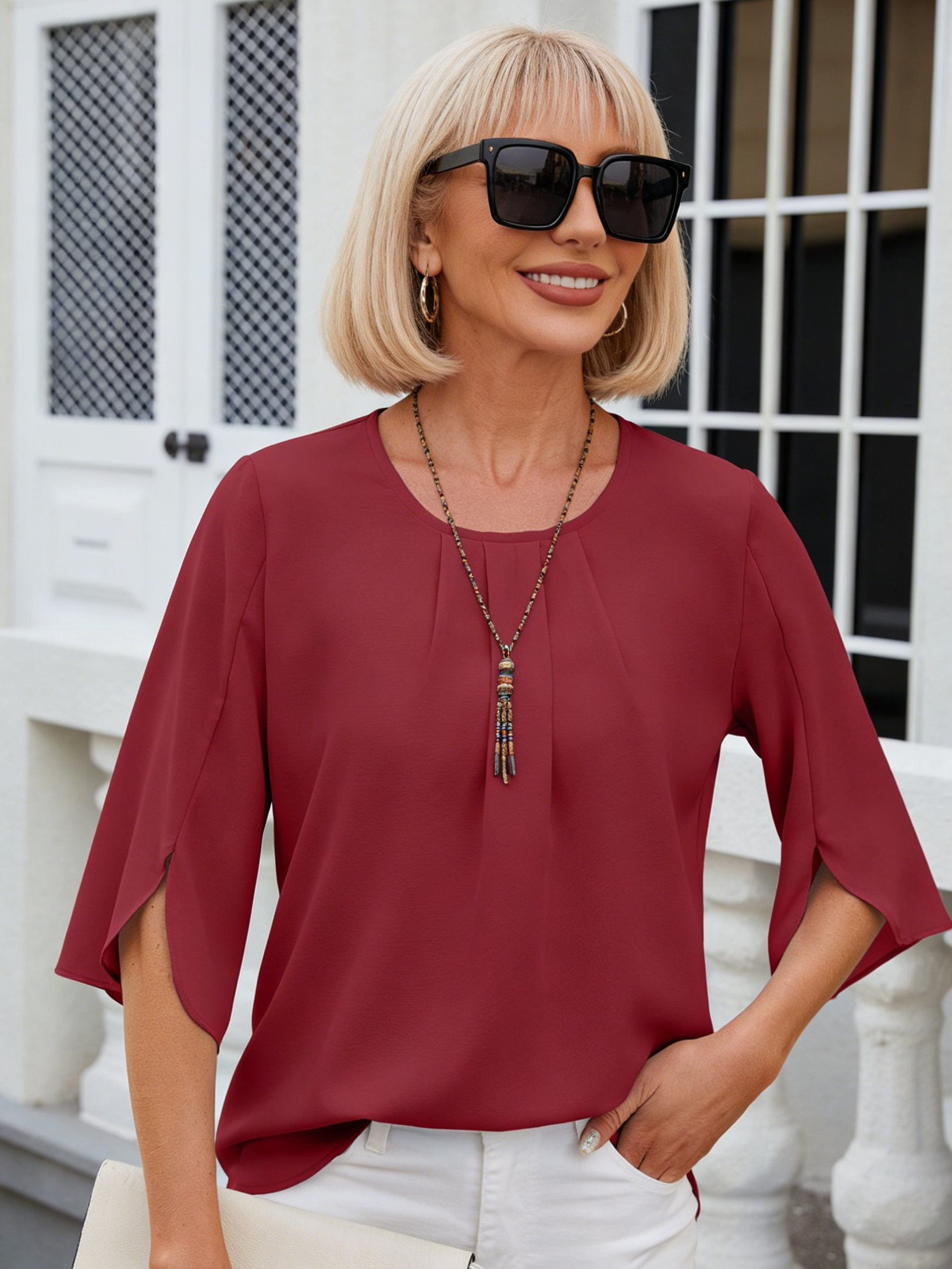 Solid Color Round Neck Five-quarter Sleeve Short-sleeved Loose Chiffon Shirt Top Women