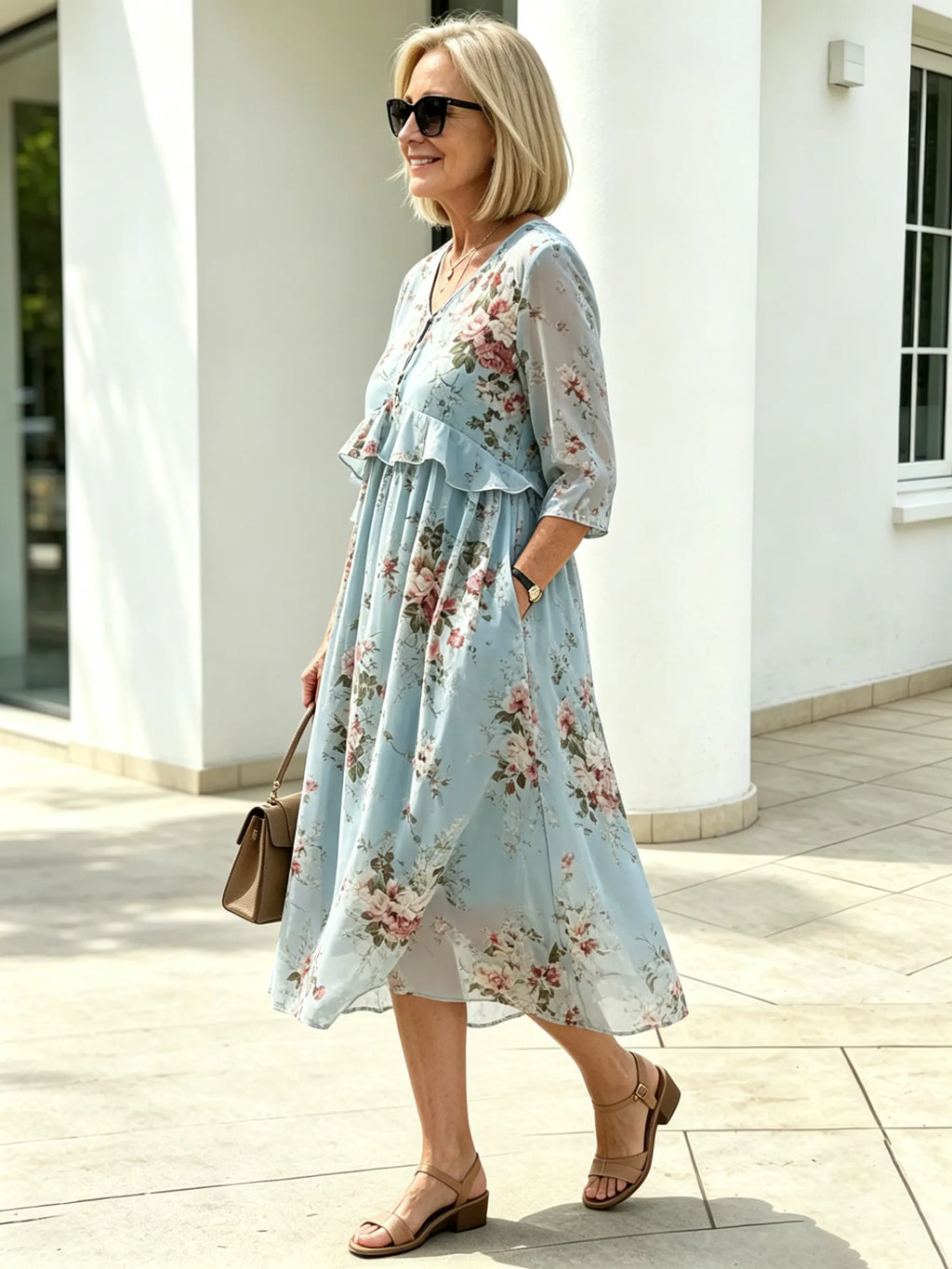 Blush Pink Floral Chiffon Maxi Dress, Round Neck Short Sleeve Loose Tummy Concealing Age-Reducing Dress for Mature Women