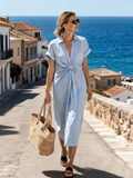 Women's Lapel Short-Sleeved Pleated Dress