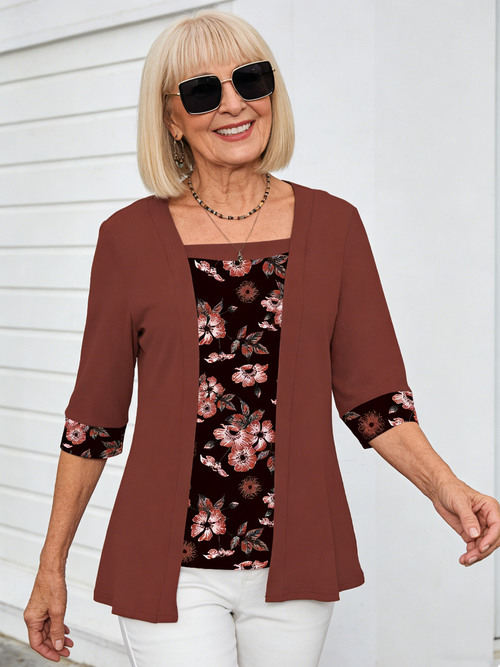 Fake Two-piece Five-quarter-sleeved Printed Women's Top T-shirt