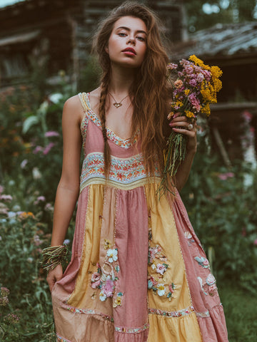 Women's Retro Ethnic Floral Art Stitching V-neck Dress