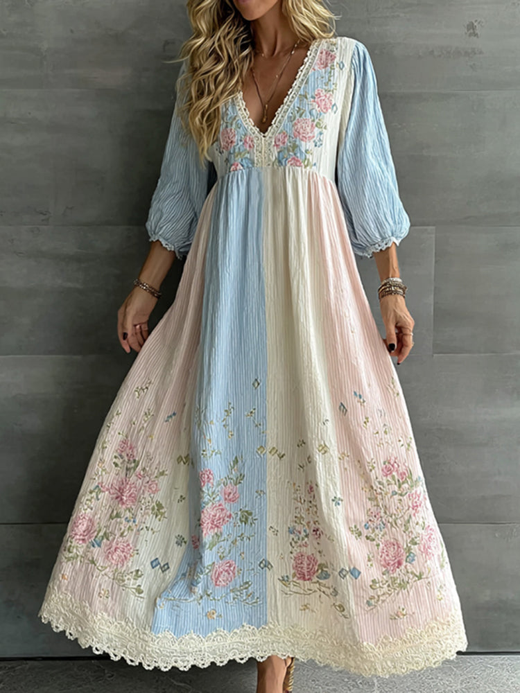 Women's Vintage Flower Embroidery Patchwork Art Cotton Linen Casual Dress