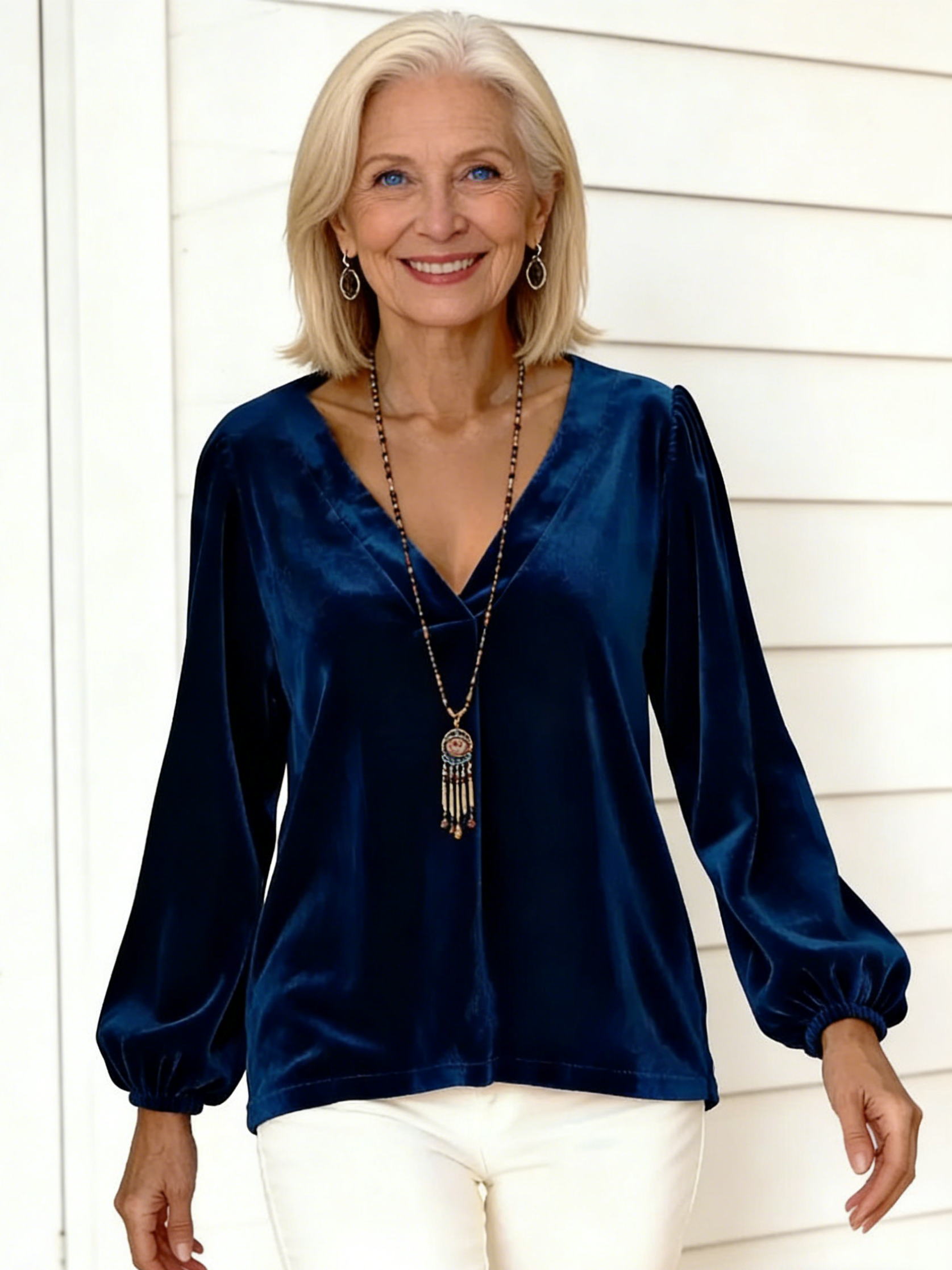 Golden Velvet V-Neck Temperament Light Luxury Lantern Sleeve T-Shirt Women's Top