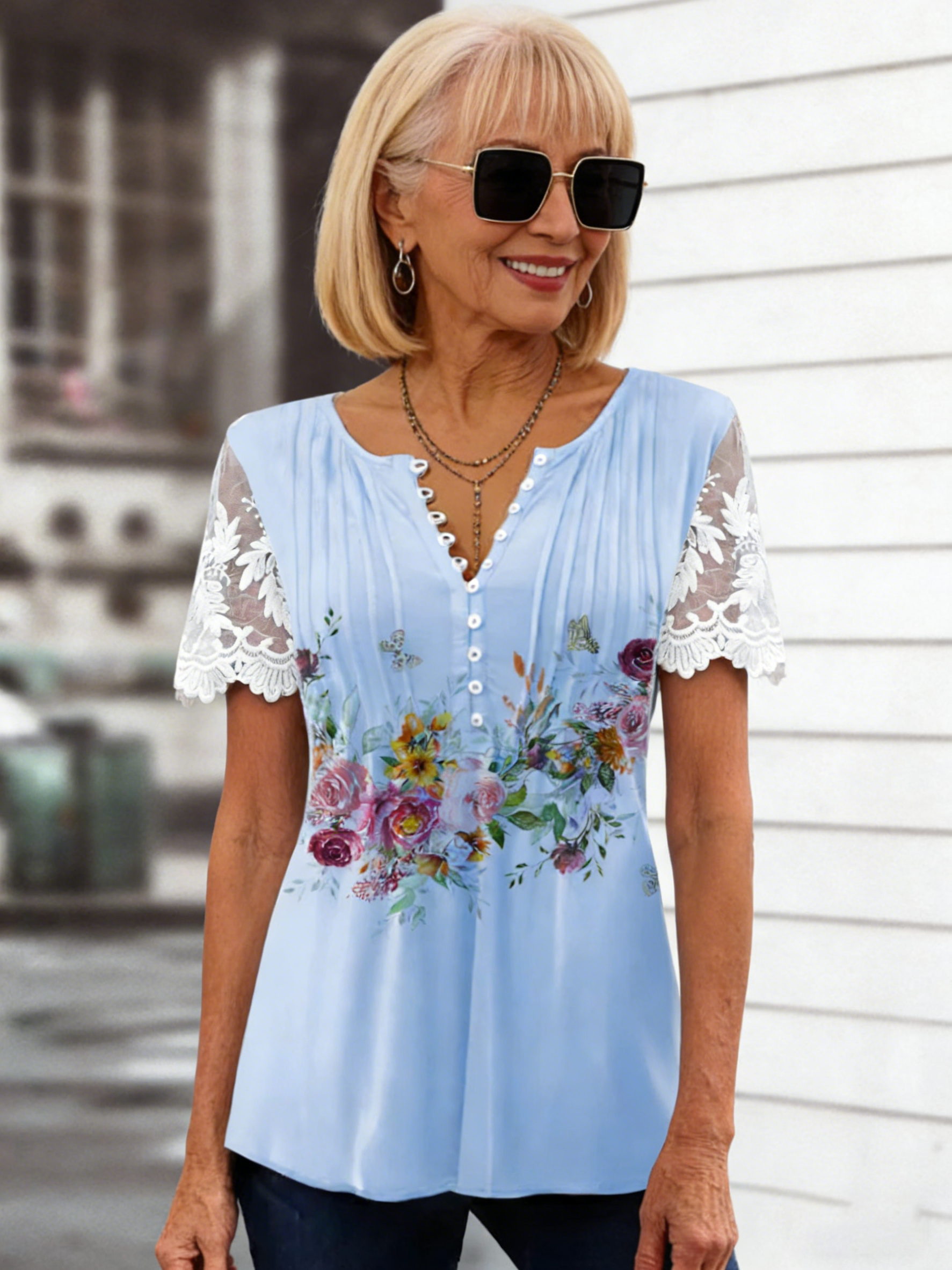 Floral Print Pleated Button Lace Sleeve Women's T-Shirt