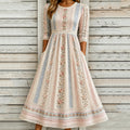 Women's Vintage Floral Patchwork Art Round Neck Midi Dress