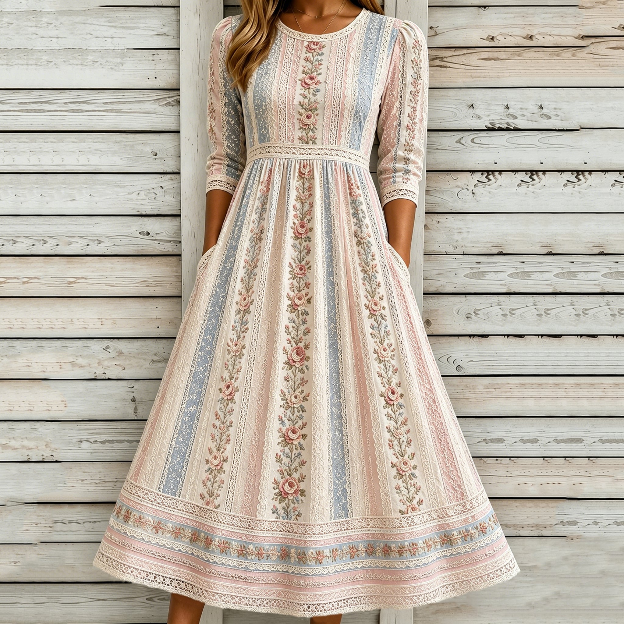 Women's Vintage Floral Patchwork Art Round Neck Midi Dress