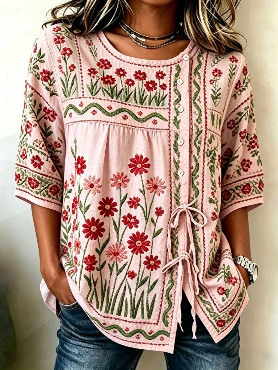 Women'S Casual Print Cotton Linen Top
