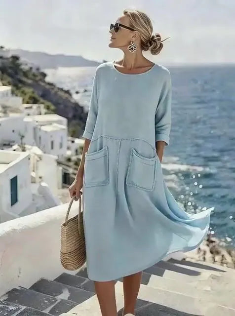 Women'S Casual Solid Color Dress With Large Pockets
