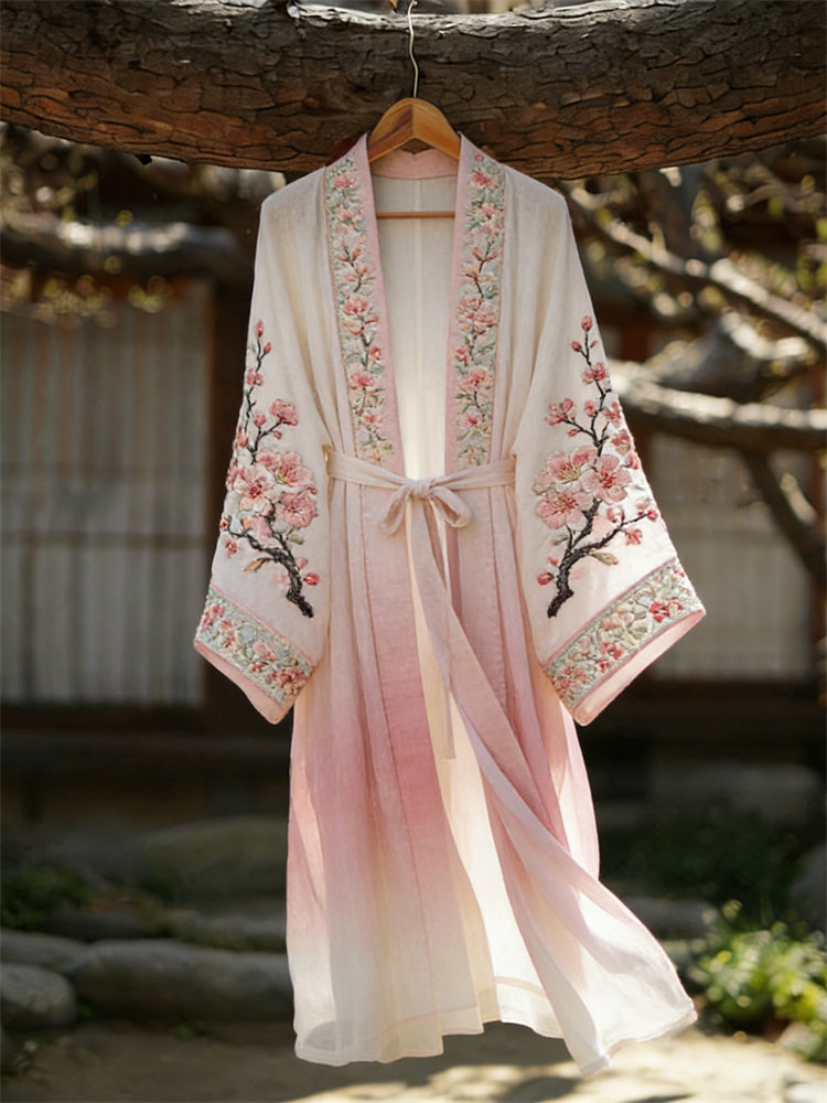 Japanese Cherry Blossom Gradient Flowy Linen Kimono