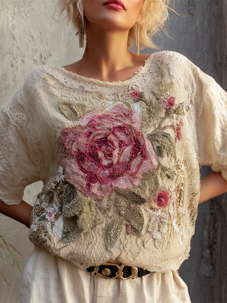 Boho Rose Floral Embroidery Women's Linen Top