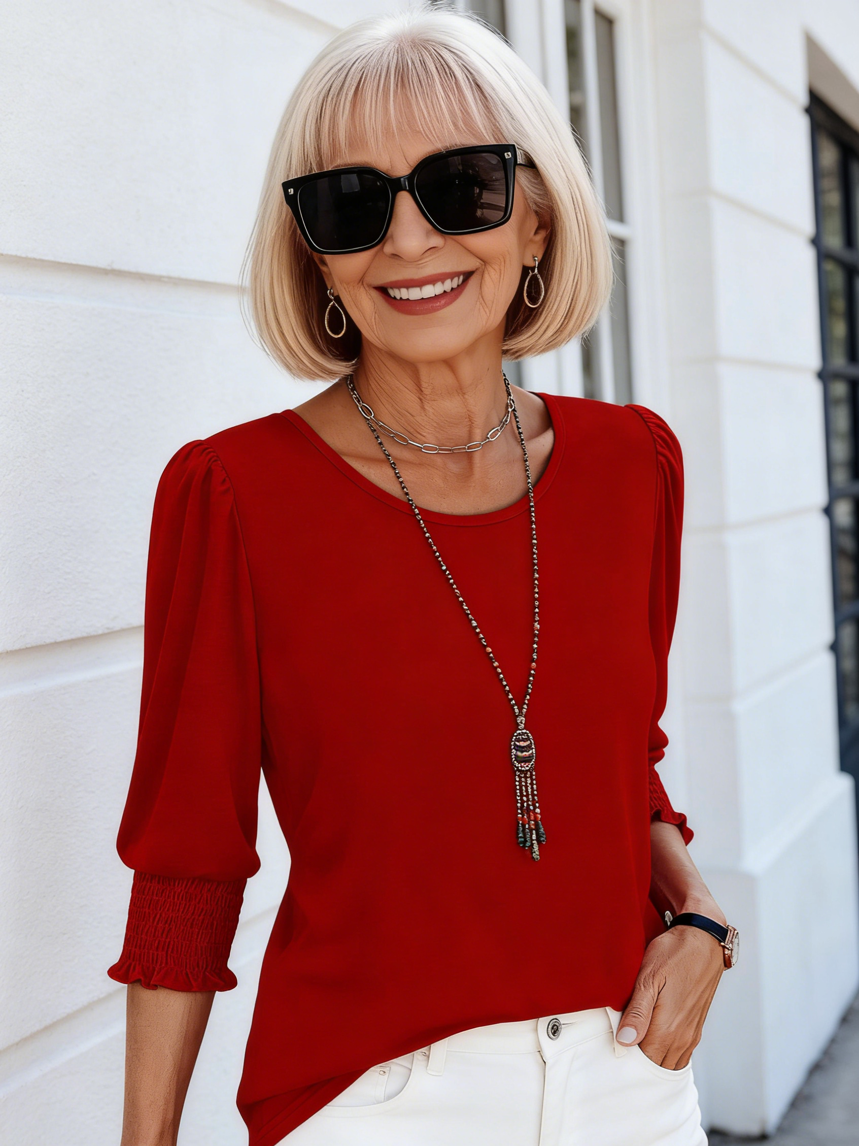 Seven-quarter-sleeved V-neck Printed Loose Casual T-shirt Top
