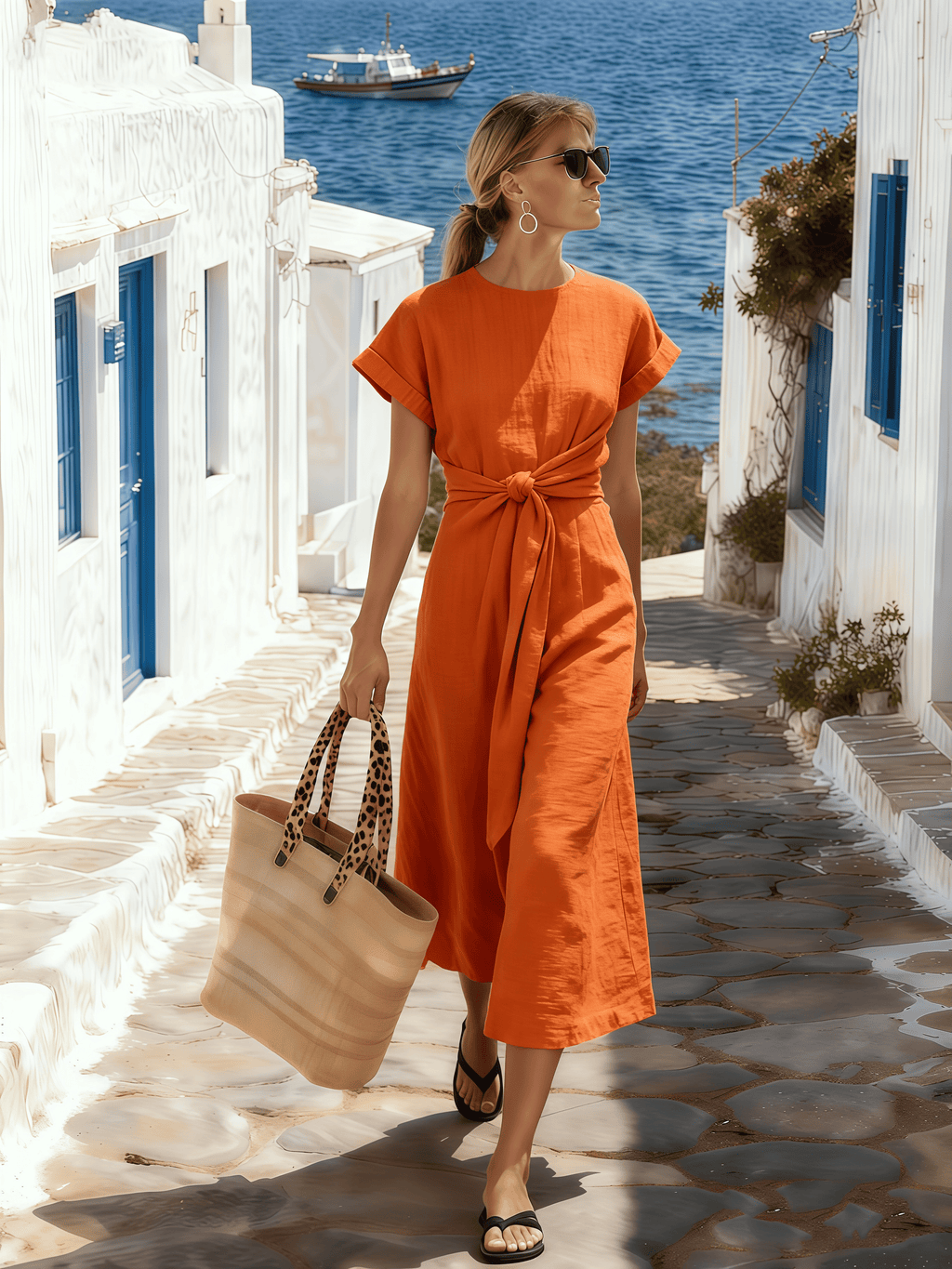 Women's Round Neck Pleated Short-Sleeved Dress