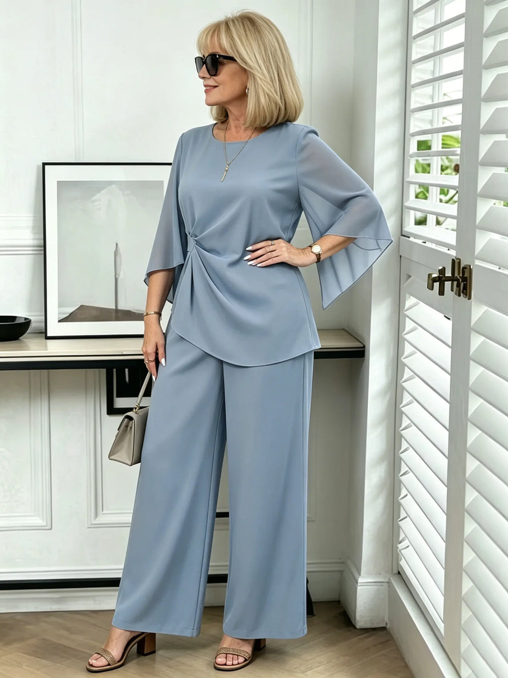 2Pcs Light Blue Chiffon 2 Piece Outfit, Irregular Twist Flare Sleeve Top & Wide Leg Pants Set for Mature Women