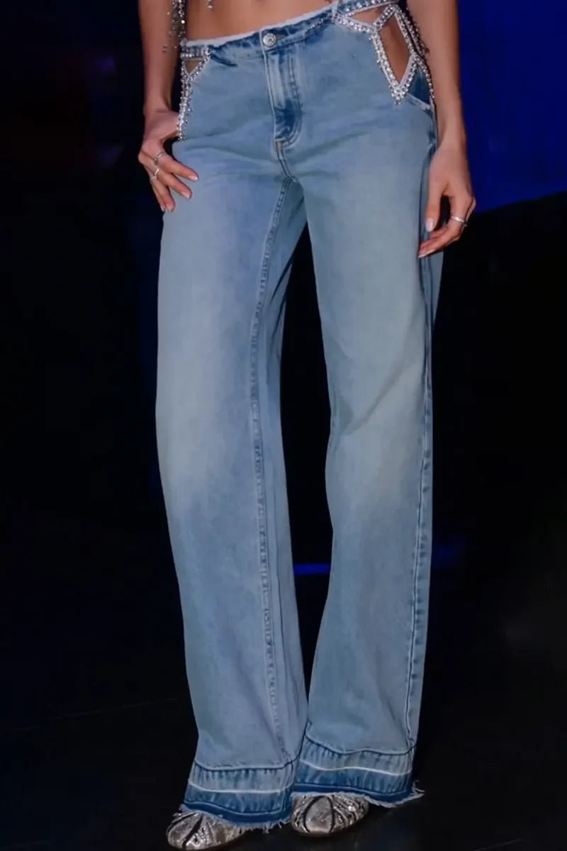 Light Wash Rhinestone Cutout Waist Wide Leg Denim Jeans