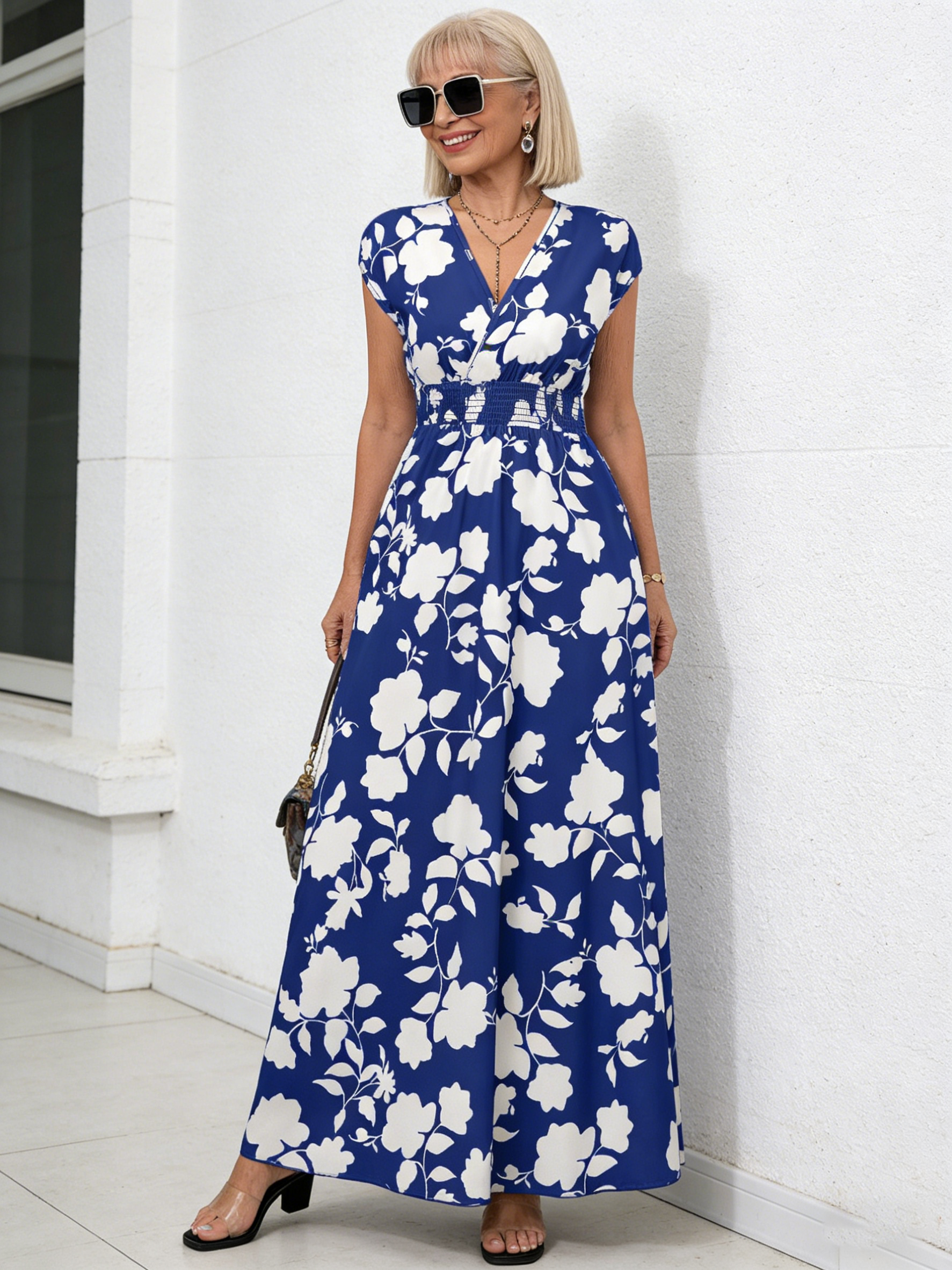 Short Sleeve Lace-Up Dress Printed V-Neck Long Dress Summer Waist Women's Clothing
