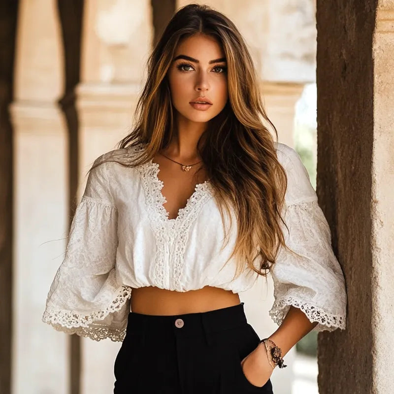 Women's Elegant Boho Lace Crop Top With Flare Sleeves