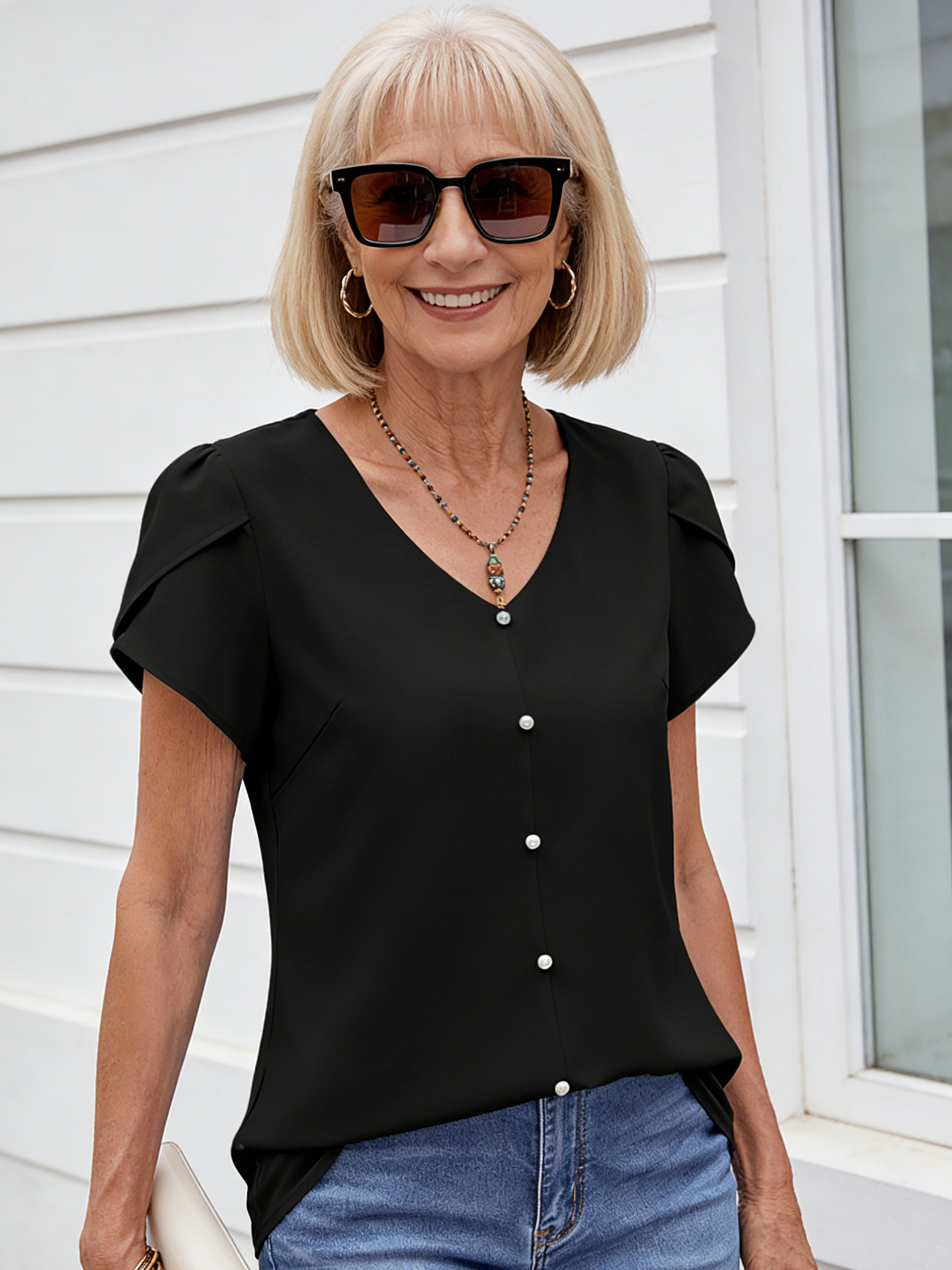 Solid Color V-neck Short-sleeved Loose Chiffon Shirt Pearl Top