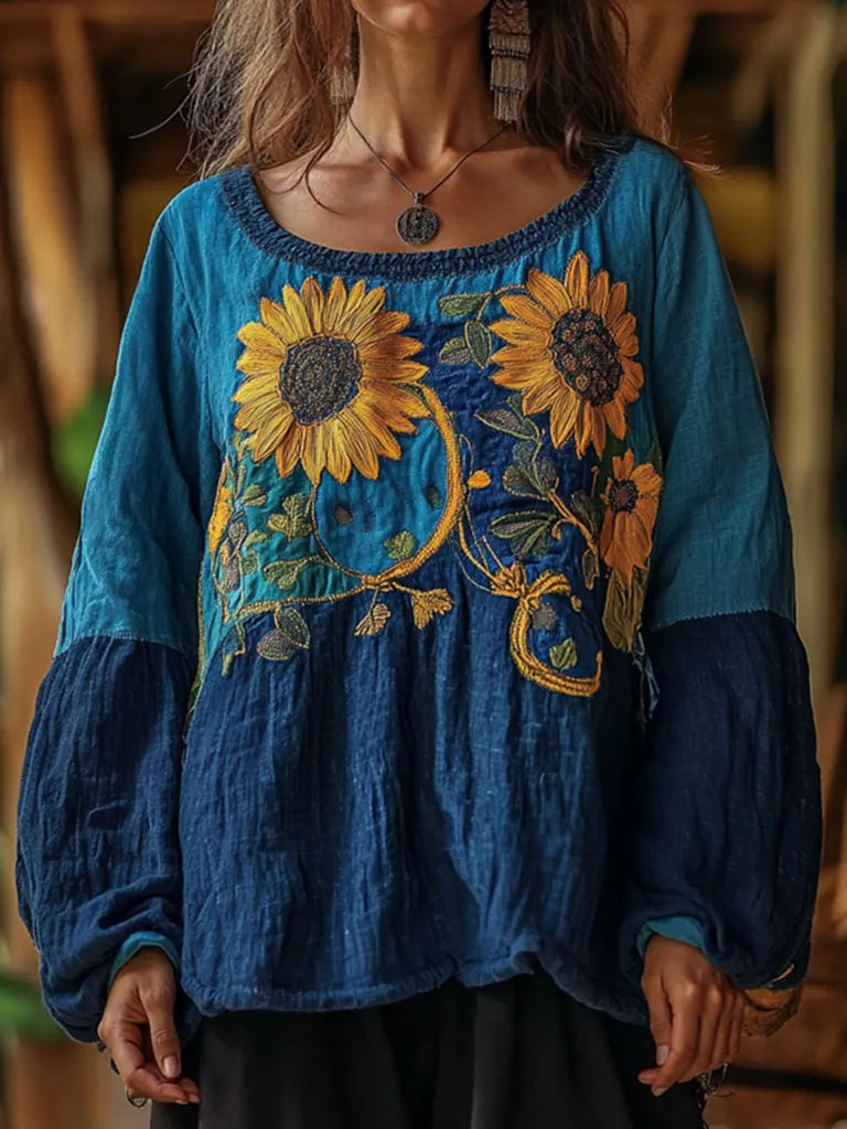 Boho Vintage Sunflower Art Inspired Cotton And Linen Round Neck Blend Loose Blouse
