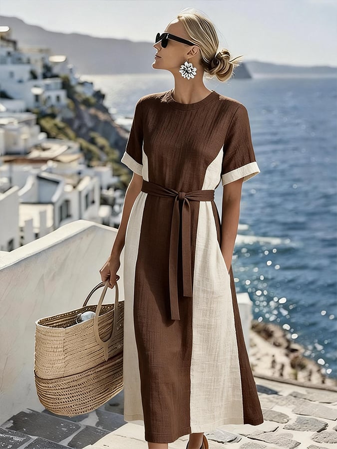 Women'S Casual Round Neck Color-Blocked Dress