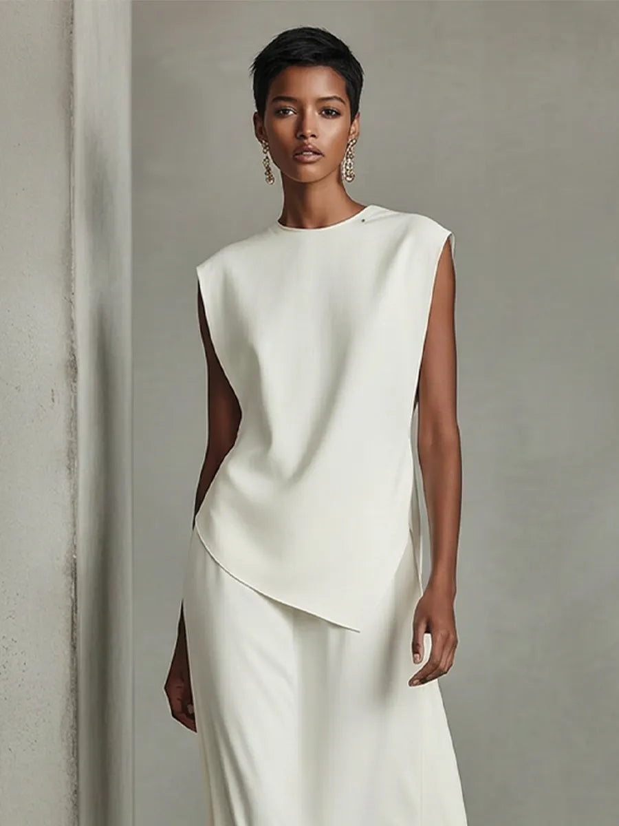 Women's Ivory Crepe Two-Piece Set With Asymmetric Tunic Top & Maxi Skirt, Timeless Minimalist-Chic Outfit MDZ2295D9LYL