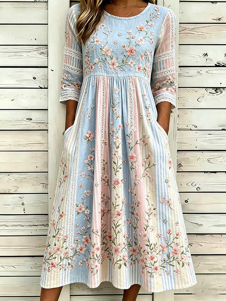 Women's Pink Floral Art Embroidery Striped Spliced Comfortable Cotton Linen Refreshing Round Neck Dress