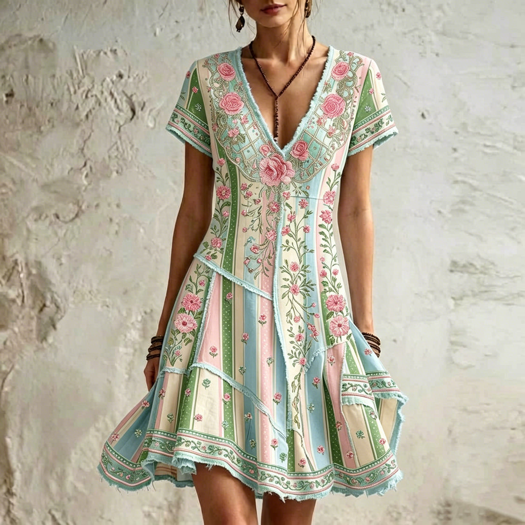Women's Retro Rose Floral Embroidery Pattern Short Sleeve Linen Dress