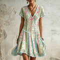 Women's Retro Rose Floral Embroidery Pattern Short Sleeve Linen Dress
